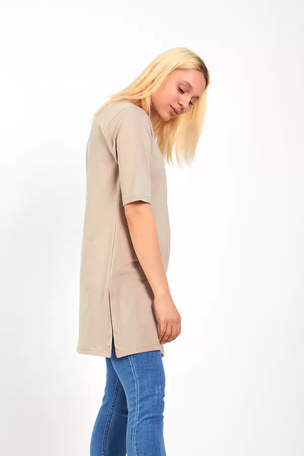 Bej Pamuklu Uzun Kadın Tişört