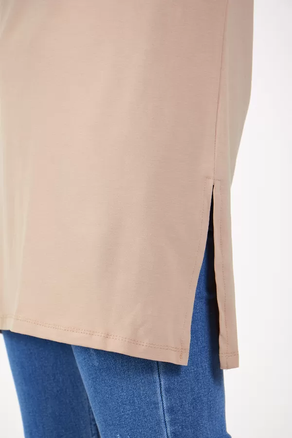 Bej Pamuklu Uzun Kadın Tişört