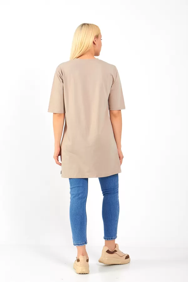 Bej Pamuklu Uzun Kadın Tişört