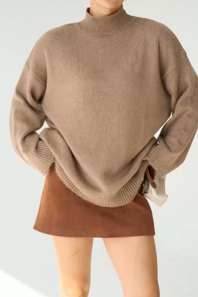 Yarım Balıkçı Yaka Bej Uzun Kadın Kazak