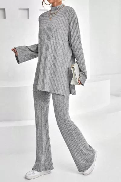 Yarım Balıkçı Yaka Gri Tunik Pantolon Kadın Alt Üst Takım