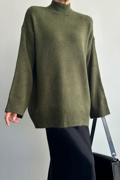 Yarım Balıkçı Yaka Haki Yeşil Uzun Kadın Kazak