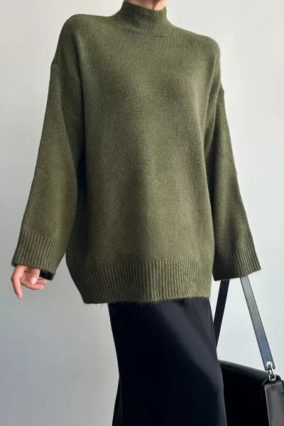 Yarım Balıkçı Yaka Haki Yeşil Uzun Kadın Kazak