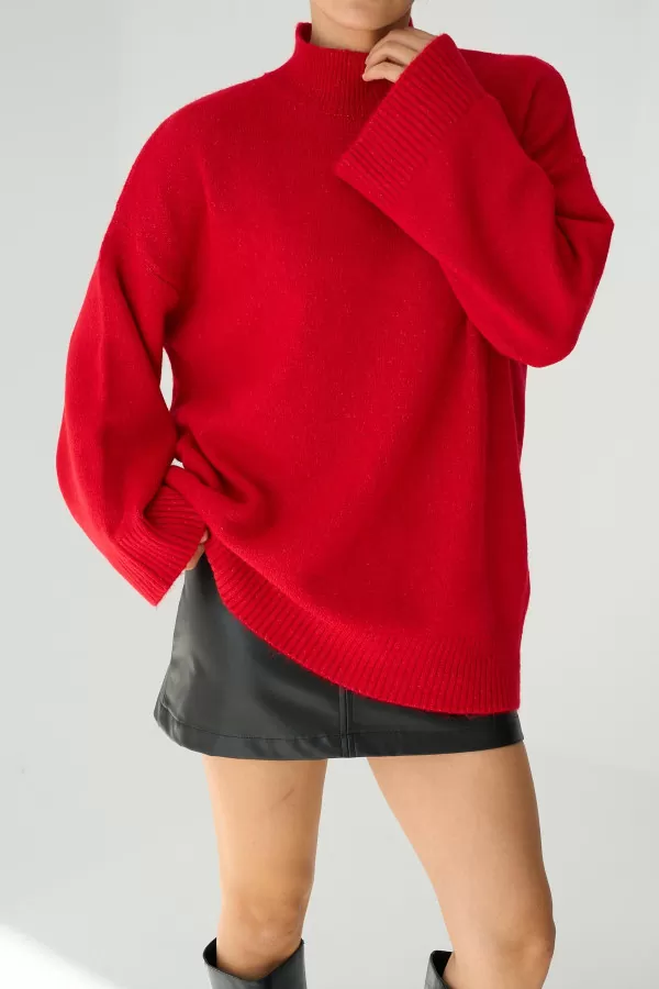 Yarım Balıkçı Yaka Kırmızı Uzun Kadın Kazak