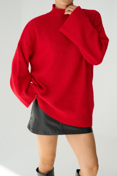 Yarım Balıkçı Yaka Kırmızı Uzun Kadın Kazak