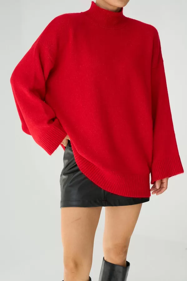 Yarım Balıkçı Yaka Kırmızı Uzun Kadın Kazak