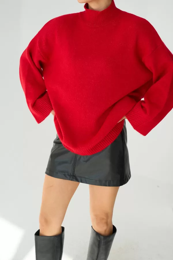 Yarım Balıkçı Yaka Kırmızı Uzun Kadın Kazak