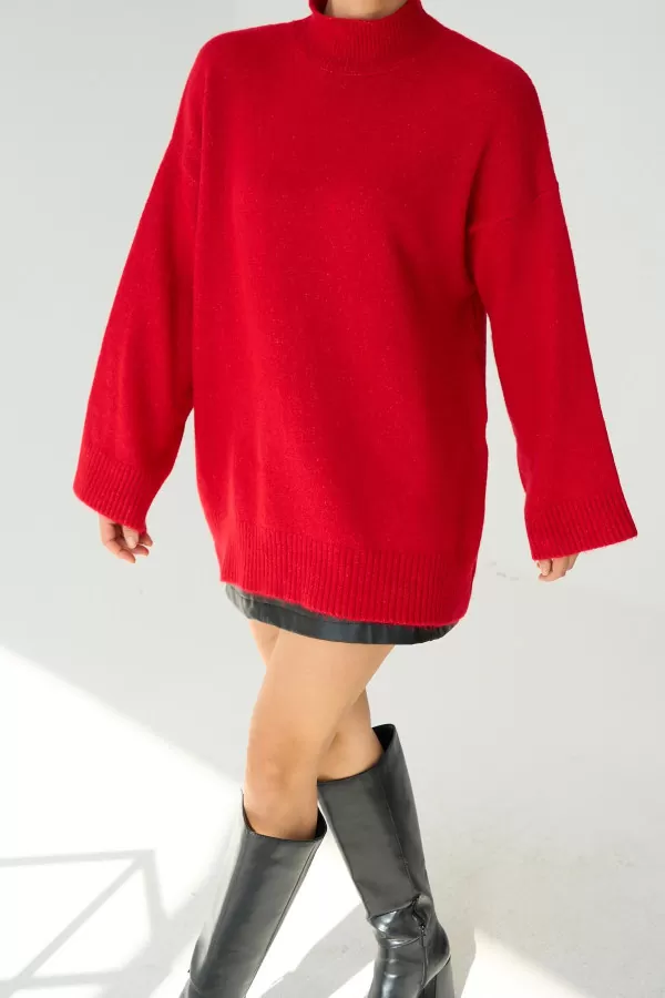 Yarım Balıkçı Yaka Kırmızı Uzun Kadın Kazak