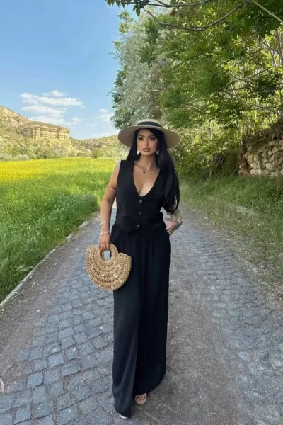 Yelekli Siyah Aerobin Kadın Alt Üst Takım