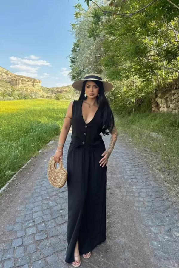 Yelekli Siyah Aerobin Kadın Alt Üst Takım