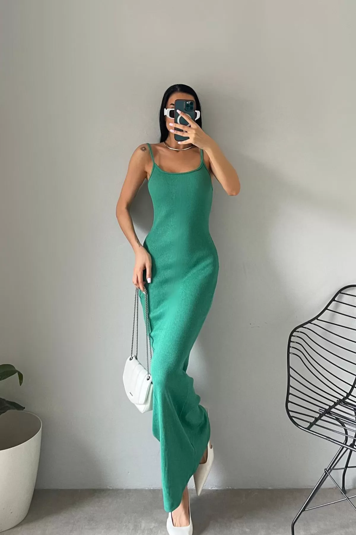 Askılı Yeşil Maksi Elbise