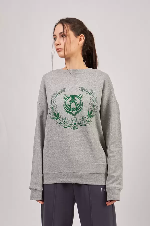 Yeşil Ayı Nakışlı Grimelanj Kadın Sweatshirt