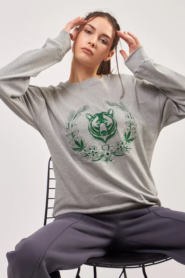 Yeşil Ayı Nakışlı Grimelanj Kadın Sweatshirt