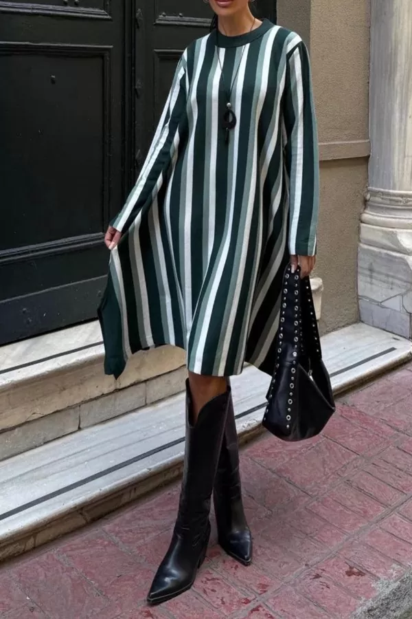 Yeşil Beyaz Çizgili Triko Kısa Elbise