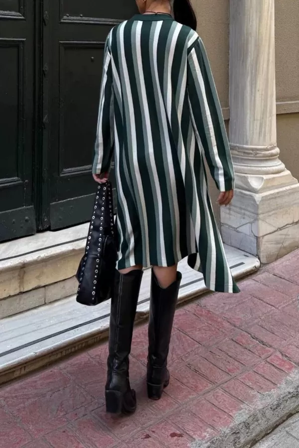 Yeşil Beyaz Çizgili Triko Kısa Elbise