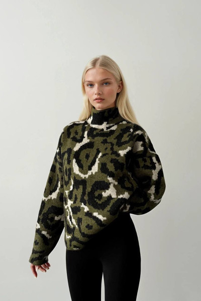 Yeşil Ekru Siyah Kamuflaj Desenli Triko Kadın Kazak