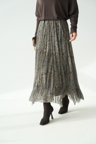 Yeşil Kahve Şal Desenli Asimetrik Kesim Kloş Etek