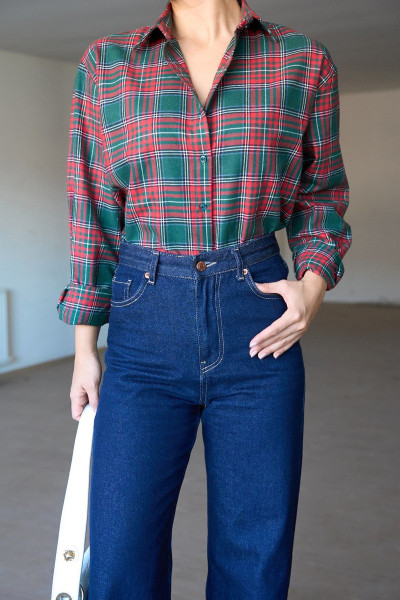 Yeşil Kırmızı Ekose Kadın Gömlek