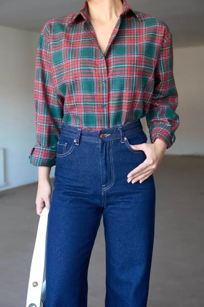 Yeşil Kırmızı Ekose Kadın Gömlek