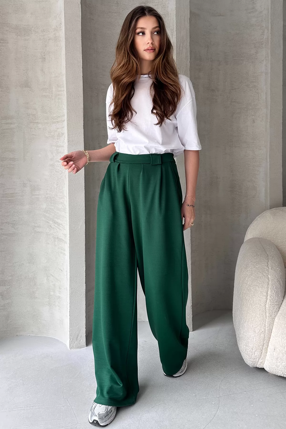 Yeşil Krep Kumaş Salaş Kesim Kadın Pantolon