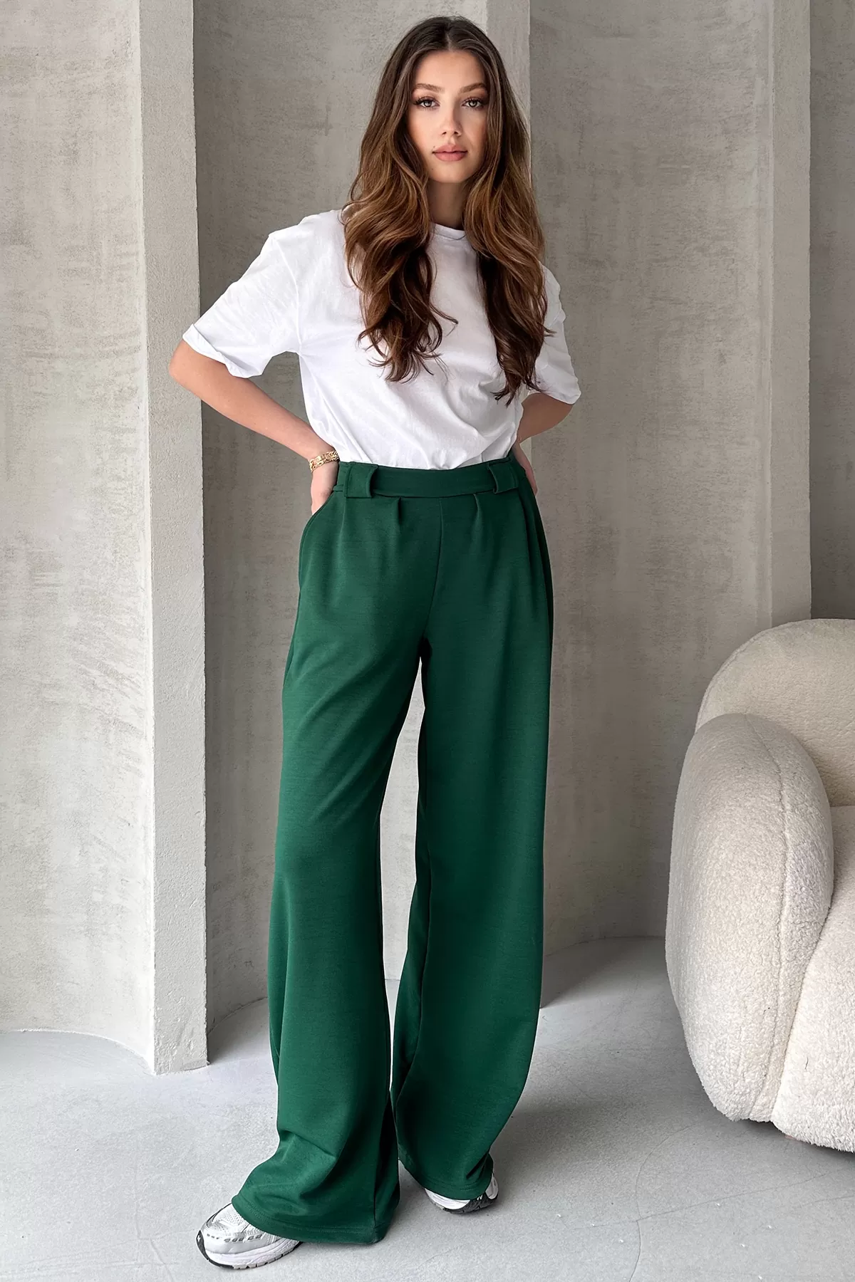 Yeşil Krep Kumaş Salaş Kesim Kadın Pantolon