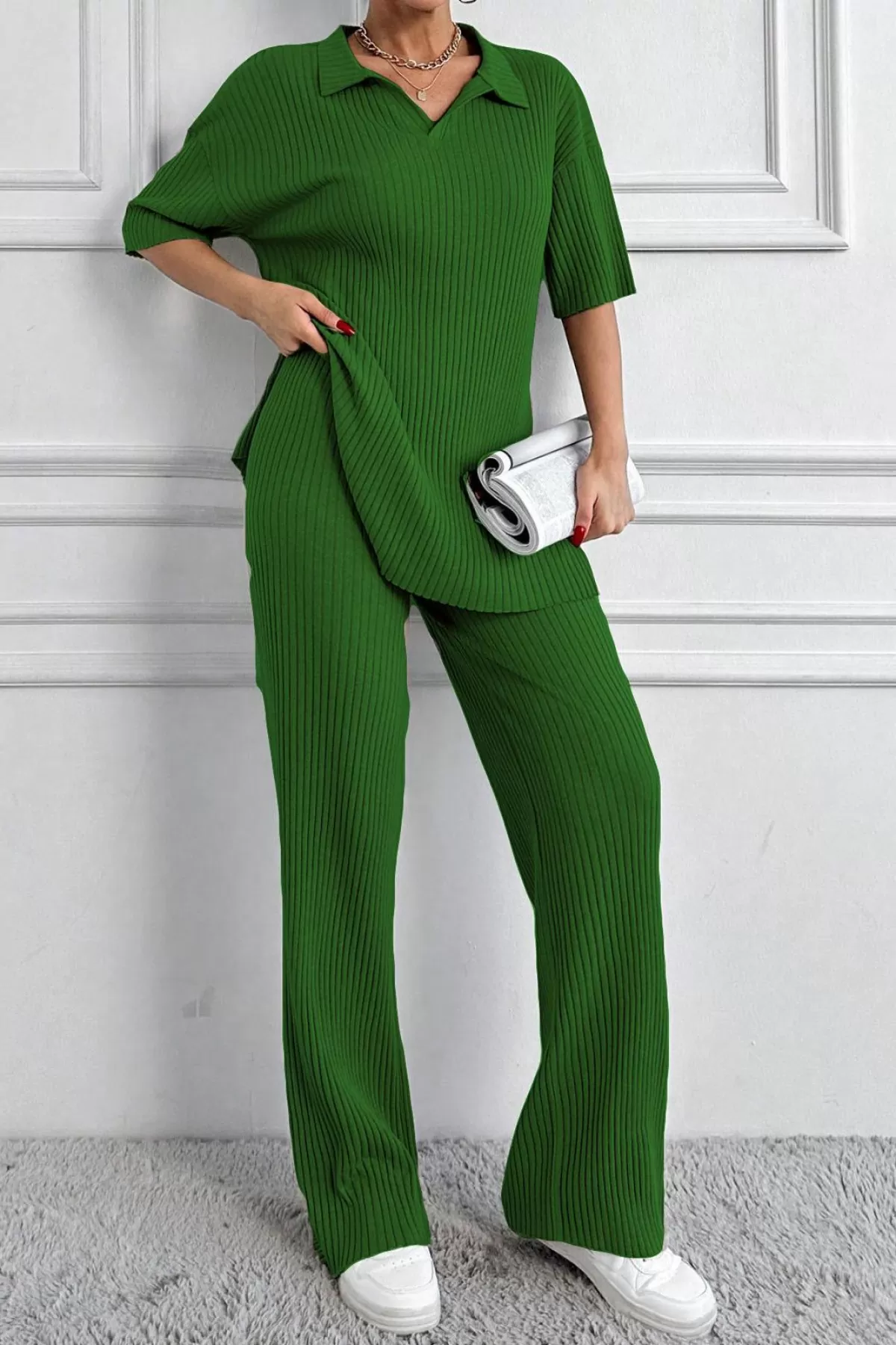 Polo Yaka Kısa Kollu Yeşil Kadın Alt Üst Takım