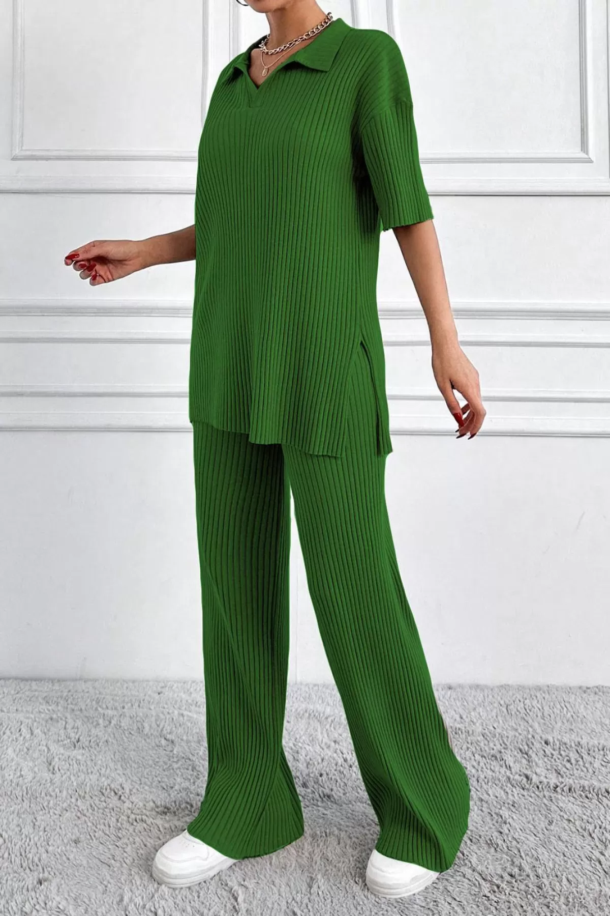 Polo Yaka Kısa Kollu Yeşil Kadın Alt Üst Takım