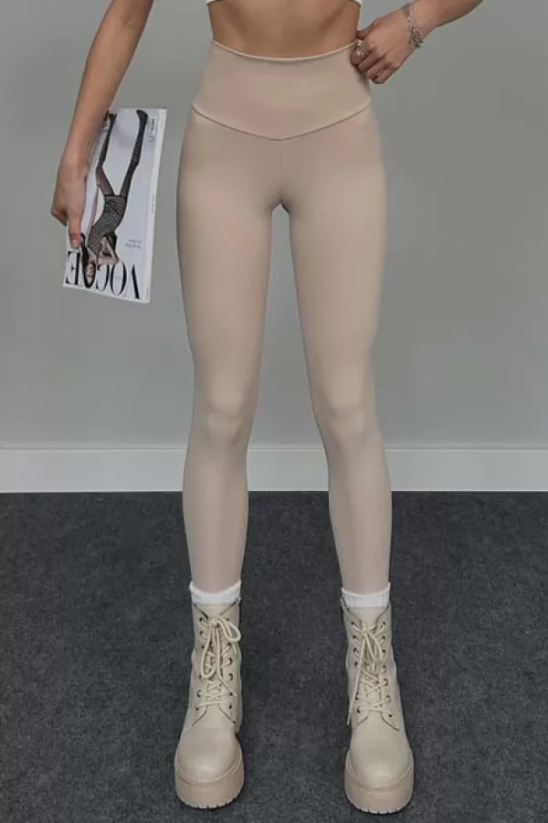 Yüksek Bel İçi Şardonlu Krem Tayt