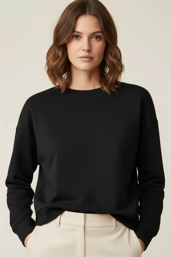 Yumuşak Dokulu Siyah Basic Kadın Sweatshirt