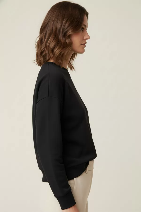 Yumuşak Dokulu Siyah Basic Kadın Sweatshirt