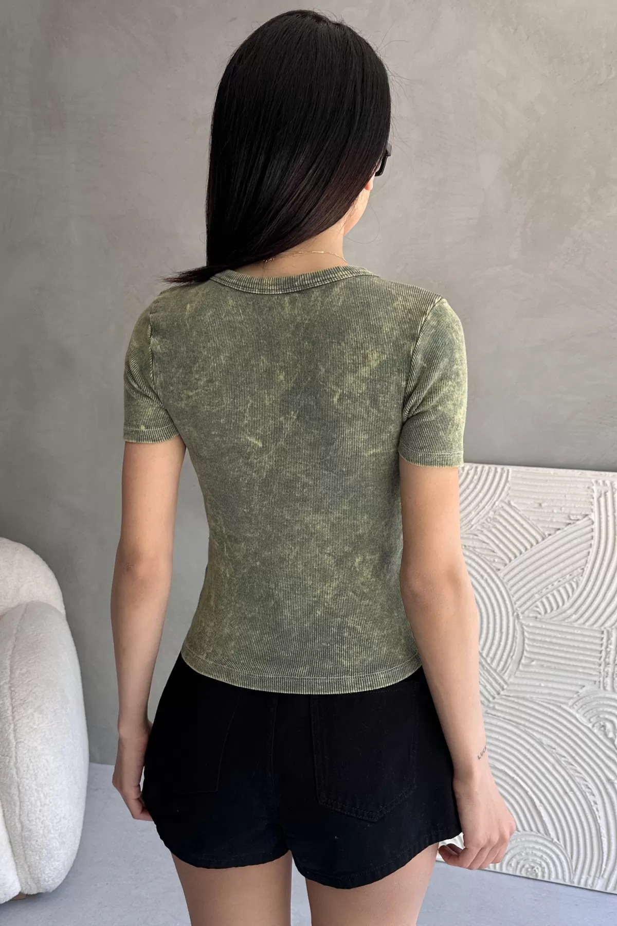 Zeytin Yeşili Yıkamalı Nakışlı Body